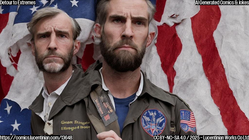 A hard-right, gruff-looking man with a strong jawline and a hint of a scowl on his face is standing in front of a faded American flag. He has a large suitcase by his side, filled with what appears to be conservative pamphlets and buttons.