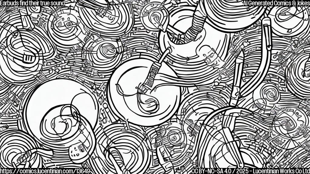 A cartoon of two earbuds with thought bubbles, one thinking "I'm out of tune", and the other saying "let's re-amp our approach". The background is a musical note pattern.