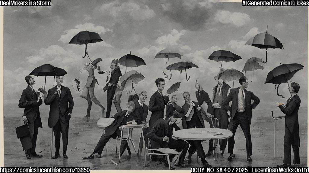 A group of suit-wearing figures, some with briefcases, standing under an open umbrella, looking stressed and holding calculators, against a gray sky with dark clouds. One figure in the middle is cradling a small umbrella with a smile, while others look worried or frustrated.