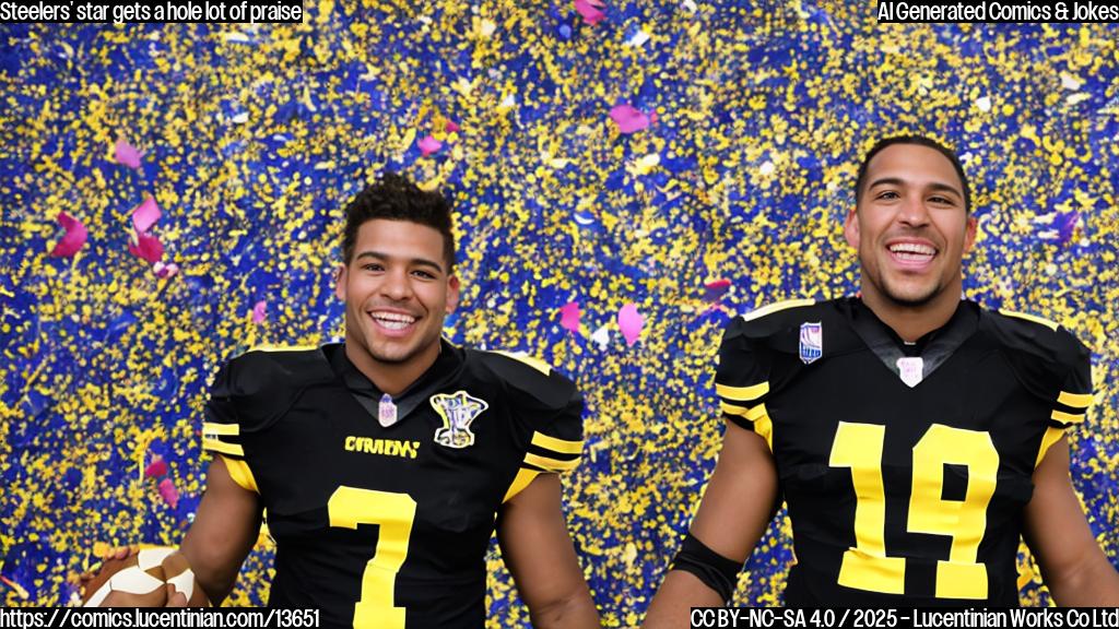 A football player standing on a step stool with a microphone in hand, wearing a black and gold jersey and holding a football, surrounded by confetti and balloons. The player is smiling and looking directly at the camera.