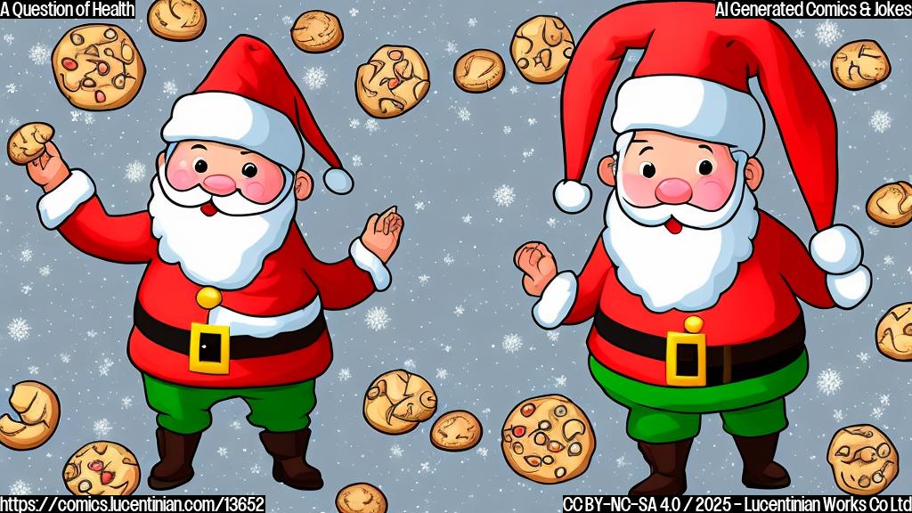 Draw a cartoon-style picture of a person from behind, wearing a Santa hat and holding a plate of cookies, with a faint image of an ECG monitor on their back. The person should be surrounded by festive decorations and a blurred background of people running around in the distance.