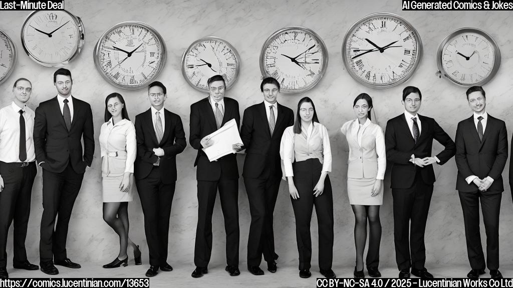 A group of six adults in formal business attire standing together with a large calendar behind them. The individuals are all leaning forward slightly and have concerned expressions on their faces. There is a clock ticking in the background with seconds counting down quickly.