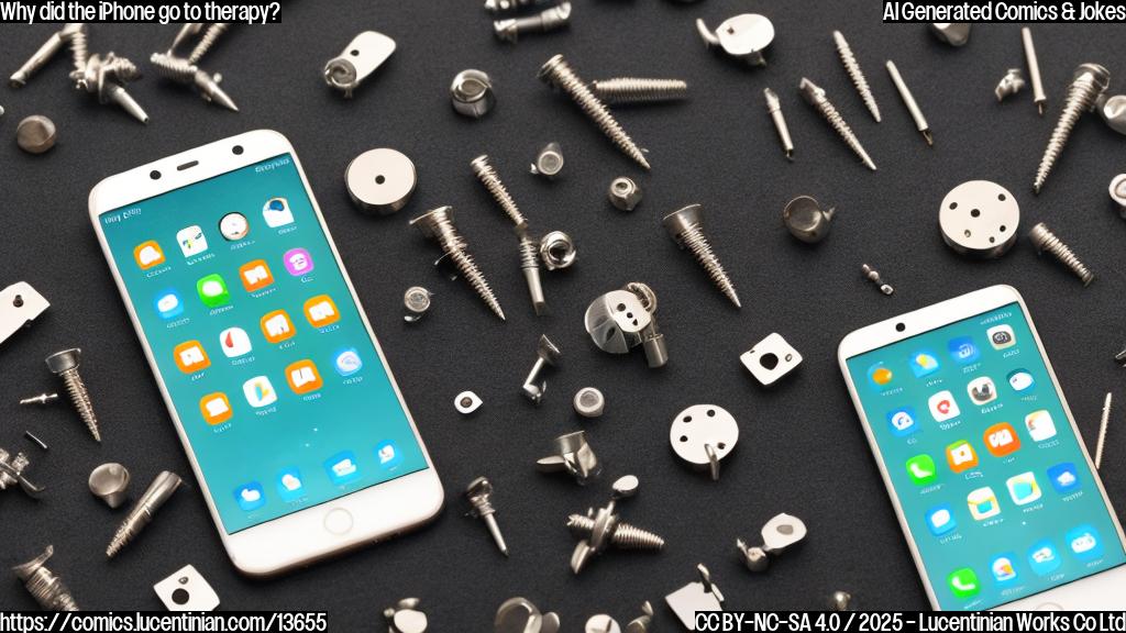 A smartphone with a cracked screen and a few loose screws, surrounded by various iOS-related icons and code snippets, standing in front of a therapist's couch.