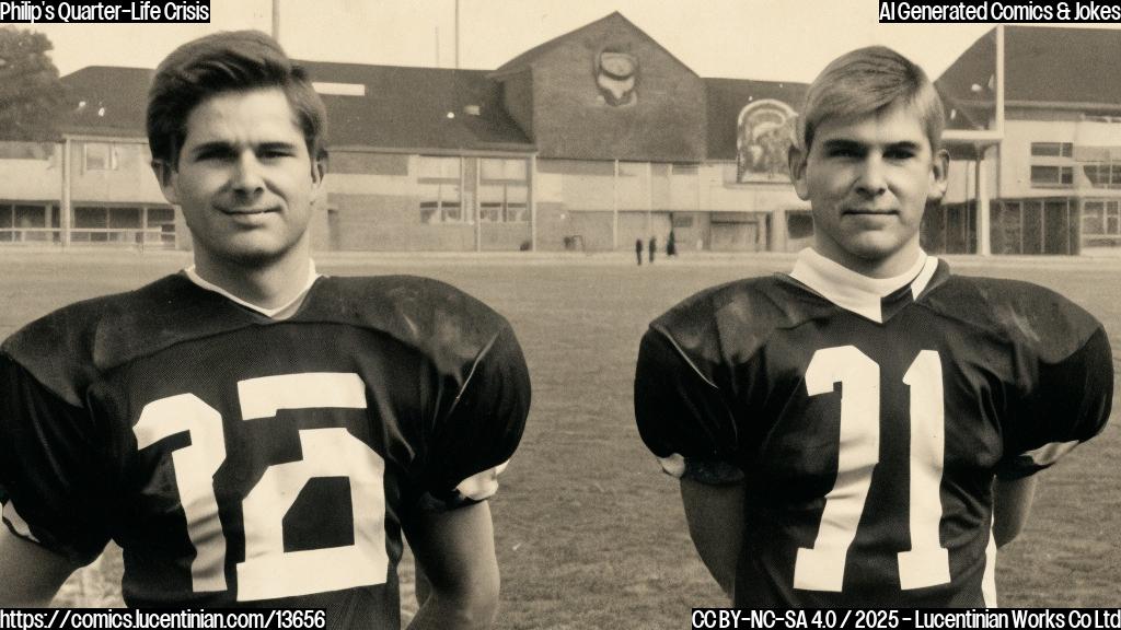 A middle-aged man in a football jersey, holding a football and standing in front of a high school gymnasium. The background is a faded photo of his high school team wearing their uniforms and holding footballs. The atmosphere is casual and nostalgic.
