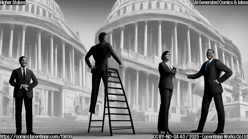 A cartoon-style image of two politicians standing at different levels, one holding a ladder and smiling, while the other is looking frustrated or disappointed. The background should be a blurred representation of the Capitol building or a similar setting, with a faint image of a healthcare-related chart or graph in the distance.