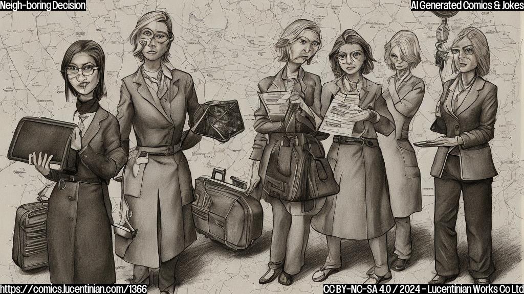 Draw two middle-aged humans, one female with short brown hair and the other with short blonde hair, standing side by side with a suitcase between them. The female with short brown hair is holding a map of England, while the female with short blonde hair is looking at it with a worried expression. In the background, there is a faint image of an American flag being burned.