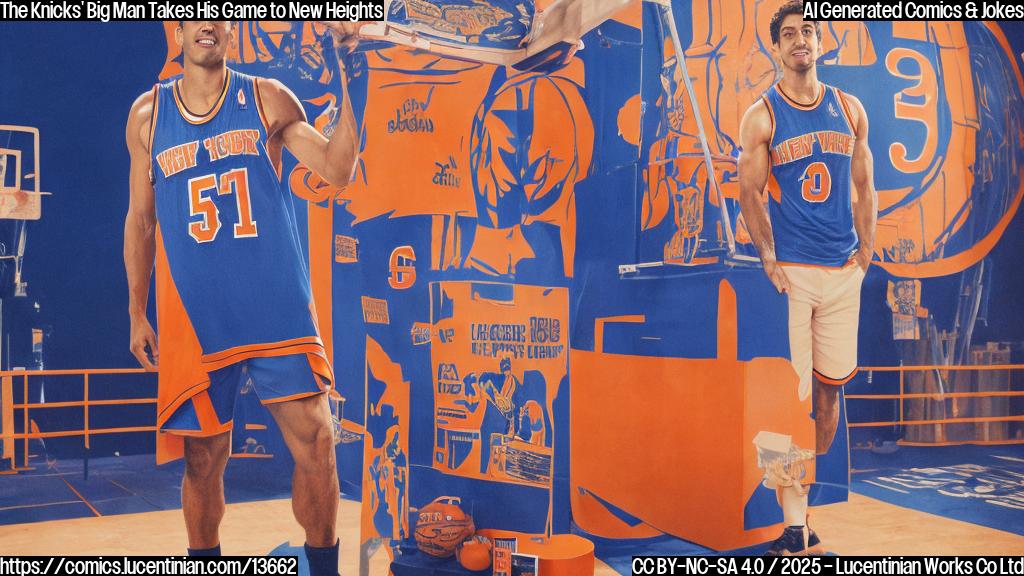 A tall, muscular figure in a Knicks jersey with a proud expression on his face, standing on top of a ladder, with a basketball hoop and Emirates NBA Cup trophy in the background.