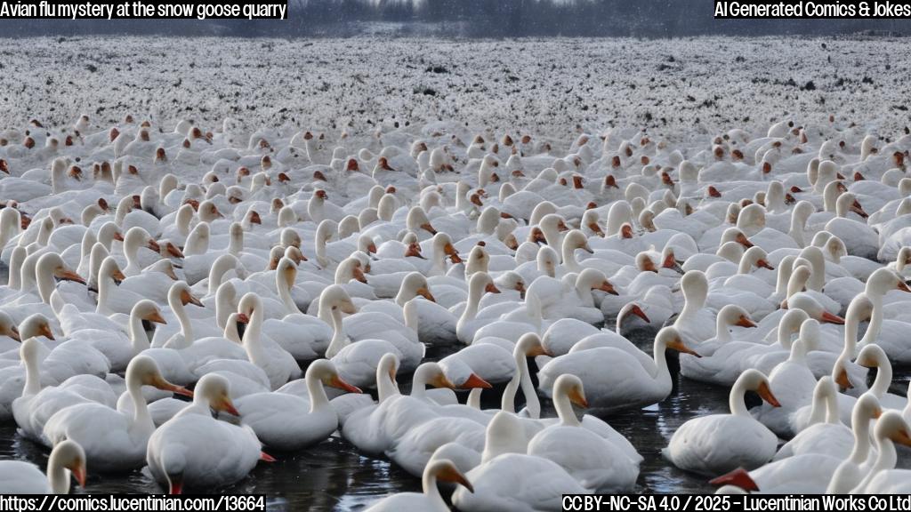 A large group of snow geese, with soft white feathers and long necks, are found dead in a frozen pond-like area with ice and snow surrounding them.