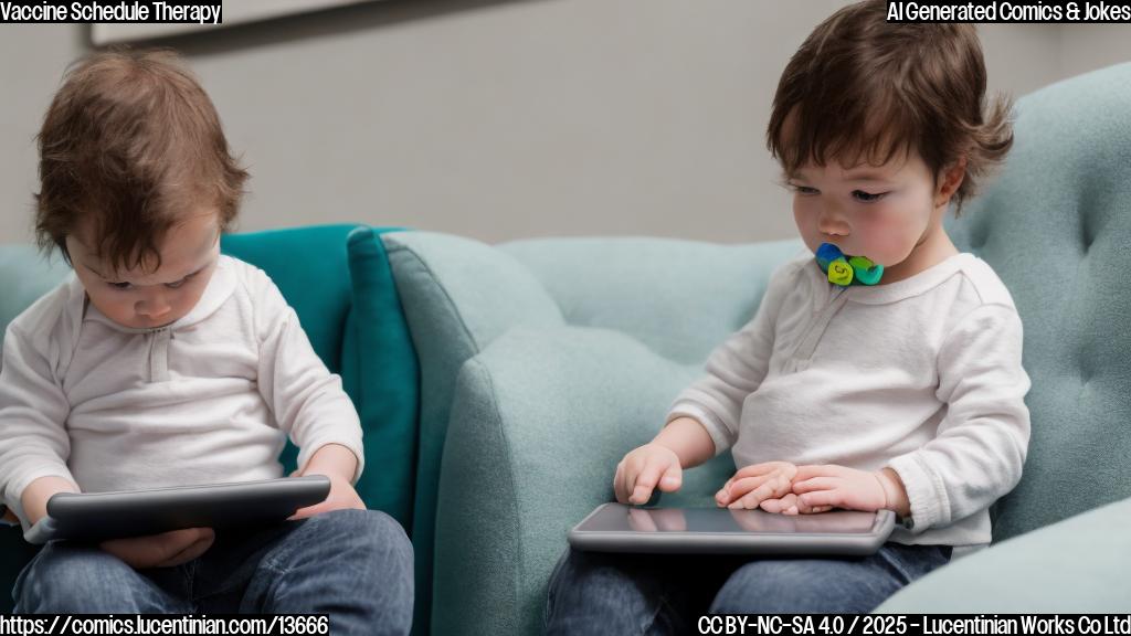 a baby sitting on a therapist's couch with a tablet in front of it showing a vaccination schedule, looking confused and holding its own pacifier