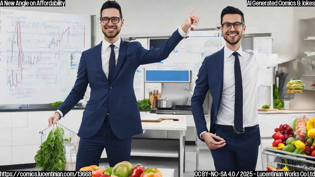 A person in a suit standing in front of a whiteboard with an economic graph, next to a simple kitchen background with a few groceries. The person is pointing at the graph while smiling, with a subtle hint of a cost-of-living crisis in the background.