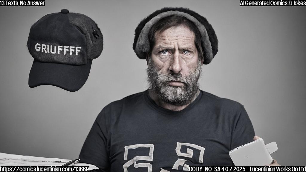 A gruff, middle-aged man with a stern expression and a hint of disappointment sitting at a desk with a phone in hand, looking expectant. He has a worn-out football hat on his head and a background that suggests an athletic office setting.