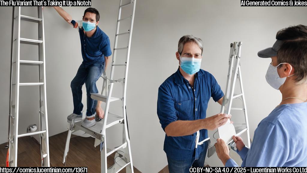 A person in their 30s is standing on a step stool next to an empty ladder, wearing a face mask and holding a thermometer. The person has a concerned expression on their face as they look at the ladder.