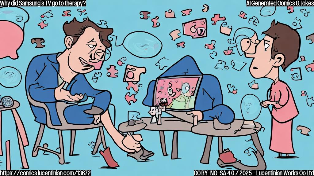 Illustrate a cartoon-style picture of a TV with a thought bubble, surrounded by puzzle pieces and a therapist in the background, with a calm expression.
