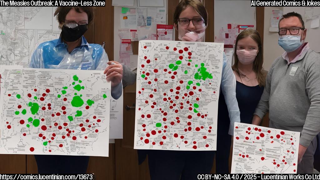 Draw a cartoon of a person wearing a "Vaccine Less" sign, standing in front of a map with red spots indicating the outbreaks in South Carolina. The person should have a worried expression and a few scattered vaccine doses floating away from them.