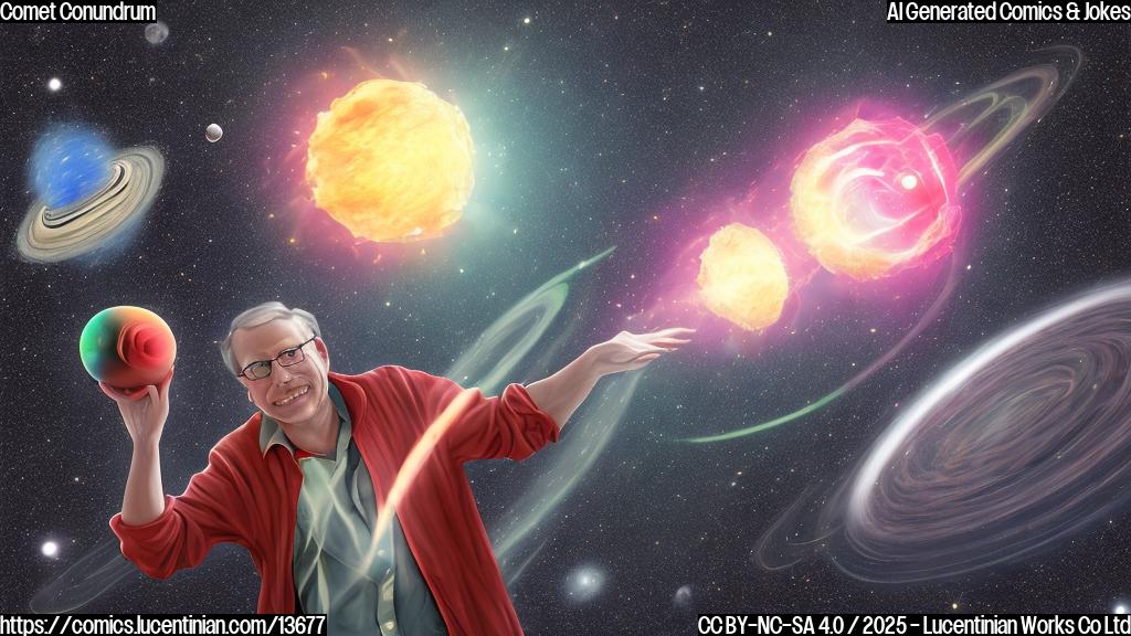 A cartoon of a person holding a heart-shaped astronomy map, with a comet in the background having an exaggerated wobble motion. The comet should be surrounded by swirling, colorful energy lines, symbolizing its "wobbling jet". The astronomer should have a disappointed expression on their face, with a few stars and planets scattered around them.