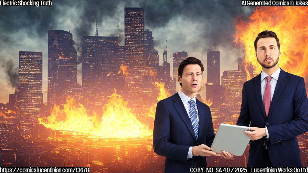 A businessman in a suit holding a tablet with a shocked expression, standing next to a large electrical generator with a "bankrupt" sign on it, surrounded by flames and smoke. The background is a cityscape with skyscrapers and a bright yellow sun setting behind them. The entrepreneur's eyes are wide with shock and his mouth is open in a silent scream.