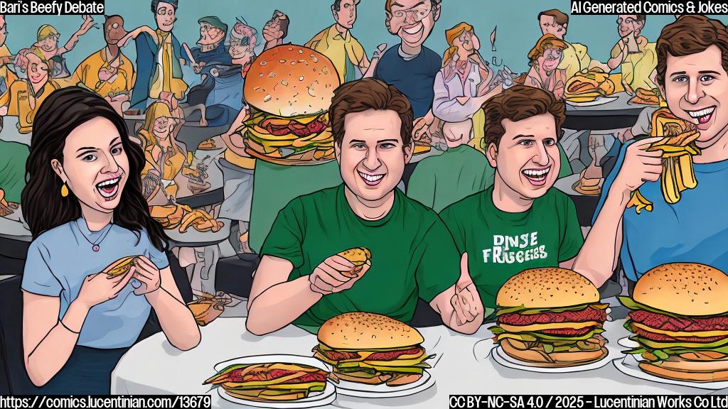 A cartoon of a smiling Bari Weiss sitting at a table with JD Vance and Sam Altman, all holding large beef burgers. JD Vance is on her right with his mouth full of burger, while Sam Altman is on her left looking thoughtful. Behind them, there's a giant American flag waving in the background, symbolizing freedom to argue about God and feminism over a plate of beefy goodness.