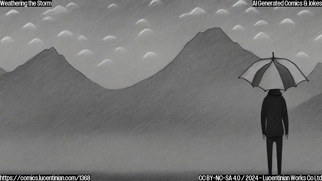 Draw a simple cartoon of a person holding an umbrella with a worried expression, standing in front of a gray and rainy sky. The background should include some raindrops falling from the sky, with a faint image of mountains visible through the clouds.