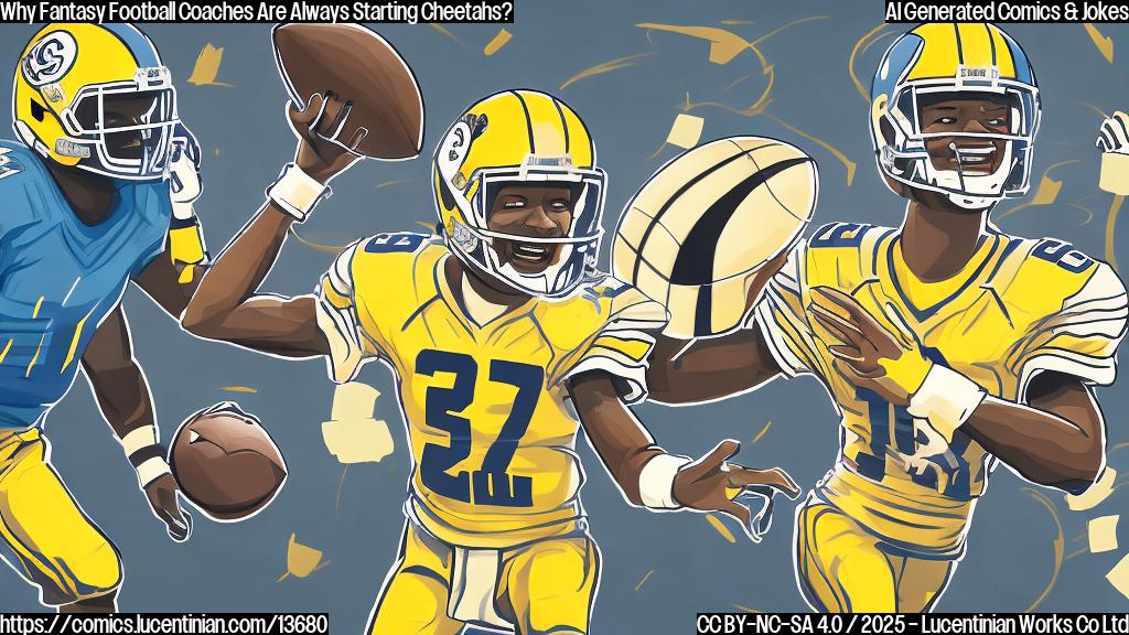 a cartoon-style illustration of a smiling cheetah wearing a quarterback helmet and holding a football, with a fantasy football coach in the background looking confused