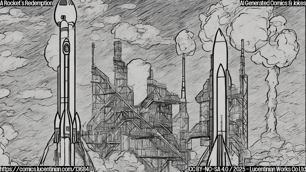 Draw a plain color cartoon-style image of a rocket with a person, possibly an engineer, standing next to it looking concerned. The rocket should have a few scratches and scars on its surface, symbolizing past failures.