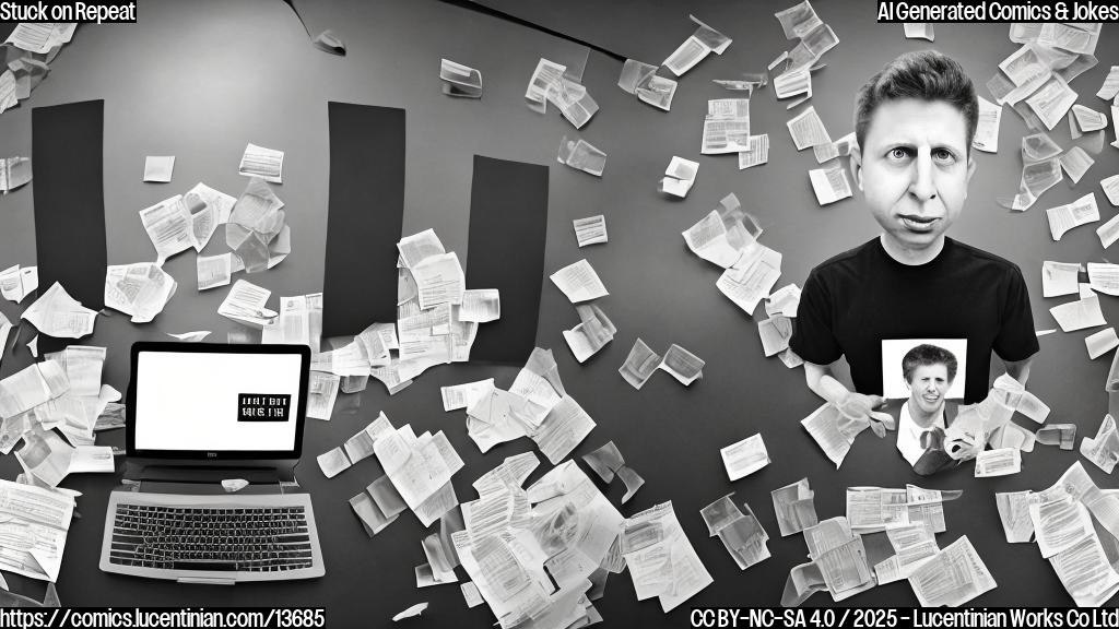 A digital simulacrum of Sam Altman sits in front of a computer screen, surrounded by laptops and papers, with a puzzled expression on its face. Its eyes are fixed on the filmmaker, who is sitting across from it, looking frustrated.
