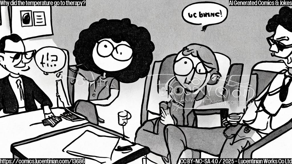 A cartoon of a thermometer with a thought bubble, wearing sunglasses and leaning on a couch in a therapist's office. The thermometer has a slightly smug expression, while the therapist in the background is taking notes.