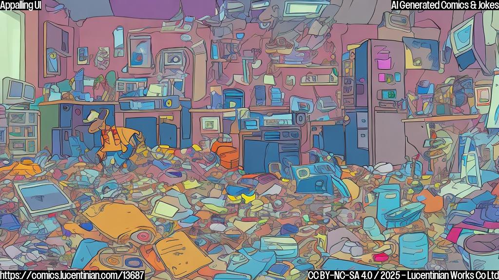 Describe a cartoon character with a messy room, surrounded by broken appliances and tangled cords. The character is sitting on the floor, wearing a frustrated expression, with a tablet in front of them displaying a jumbled mess of code.