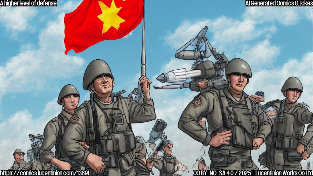 draw a cartoon-style illustration of a military general standing in front of a Taiwanese flag, with a ladder next to them and a missile or rocket launchers behind them. The background should be a cityscape with tall skyscrapers.