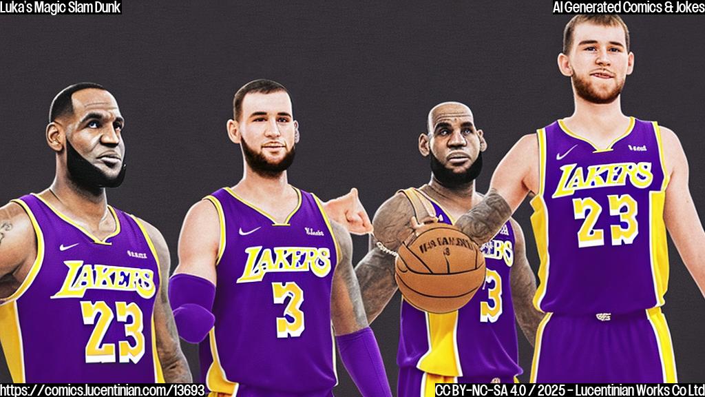 Draw a cartoon of two basketball players, one wearing a Lakers jersey with the number 23 on it (LeBron James) and the other wearing a Lakers jersey with the number 7 on it (Luka Doni). Luka is holding a basketball in one hand and throwing a three-pointer with the other. LeBron is standing next to him with his arms raised in admiration, as if he's being "slammed dunked" by Luka's impressive performance. Both players should have big smiles on their faces. Include some flashy, dynamic lines around them to convey the idea of "magic". Use bright colors like gold, silver, and purple to give it a celebratory feel.