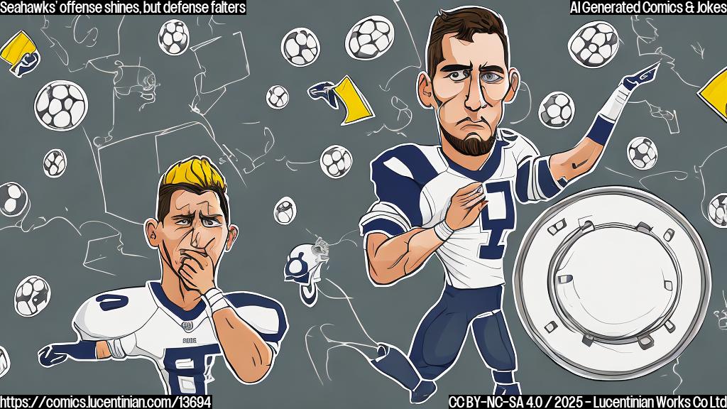 A cartoon style image of a football player wearing a worried expression, with a giant pressure plate on their chest, surrounded by yards markers and defensive flags. The image should convey a sense of anxiety and pressure.