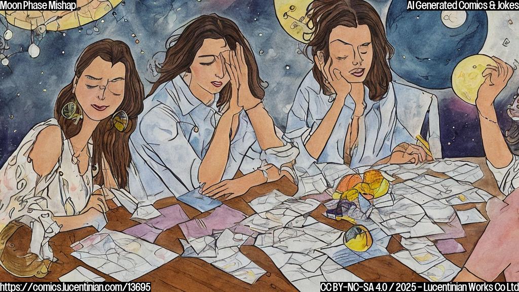 A person with the moon in their chart is sitting at a table surrounded by shopping bags, looking stressed and holding a calendar. The new moon is visible in the background, casting a shadow on the person's face. The person's outfit and accessories are dressed for a night out, but they look frazzled.