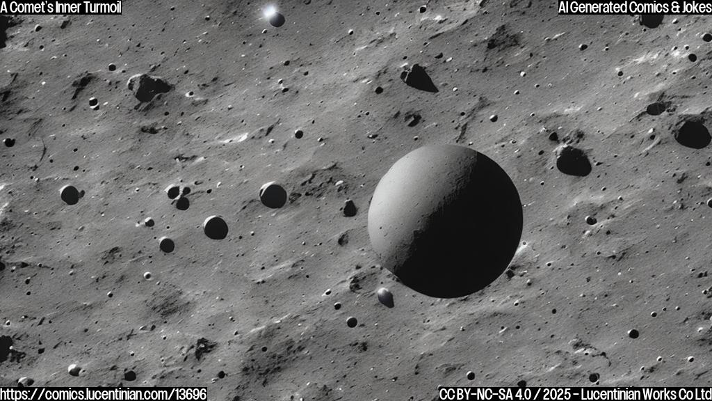 A small, icy celestial body with a long tail is floating in space. It has a curious expression on its surface and is surrounded by fragments of rock and dust. The comet is positioned at an angle to the viewer, giving it a sense of movement.