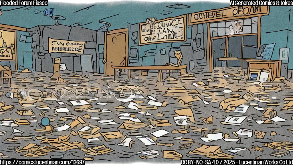 Draw a cartoon-style image of a flooded forum room with a sign that says "Drain on Resources" and a sad-looking community college administrator standing next to it, surrounded by soaked books and papers.