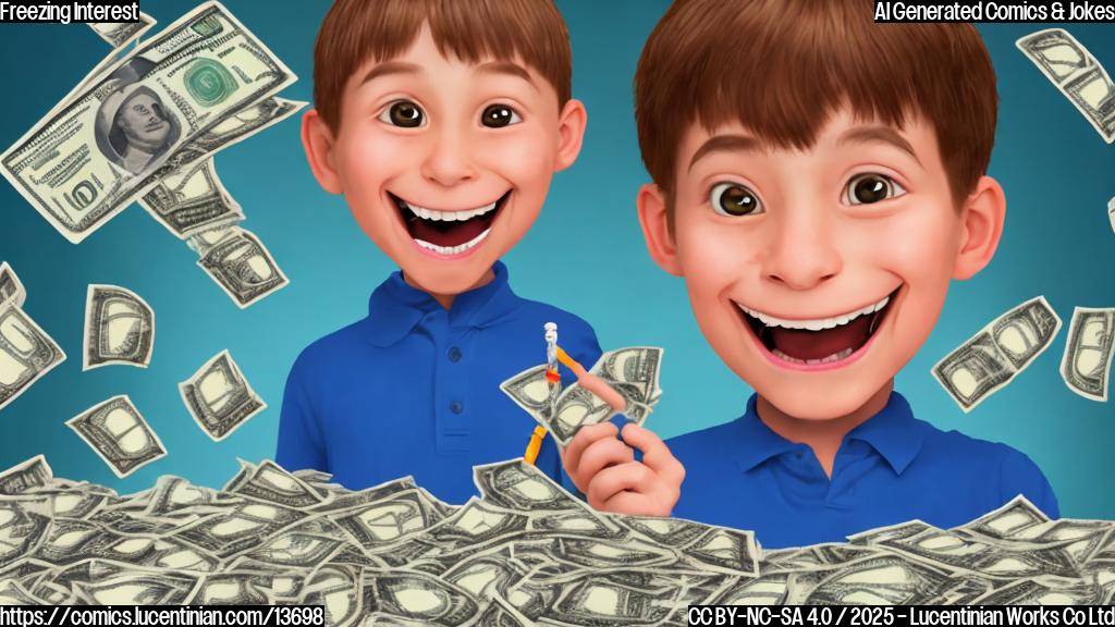 A cartoon of a smiling 10-year-old boy with a thermometer in his hand, surrounded by ice cubes and money symbols, with a confused expression on his face.