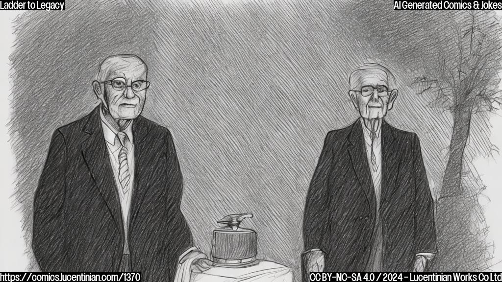 Draw a simple cartoon of an elderly person in formal attire standing on a step, with a faint image of a podium or a stage in the background, symbolizing their legacy.