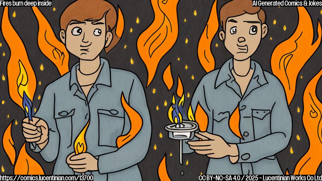 Draw a plain color cartoon style picture of a person with a concerned expression, holding a candle with flames in the background and surrounded by trees on fire.