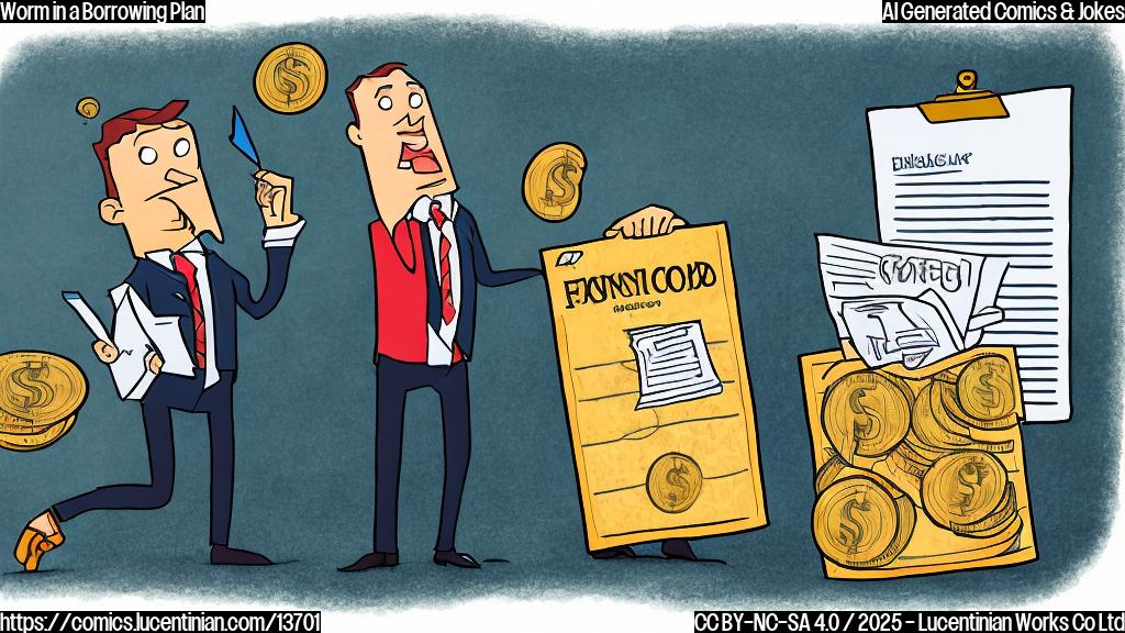 Draw a cartoon of a person holding a clipboard, surrounded by financial documents and looking frustrated. The person is standing in front of a giant dollar sign with a worm crawling out of it. The worm should be wearing a tiny suit and briefcase, symbolizing the "frozen asset" concept.