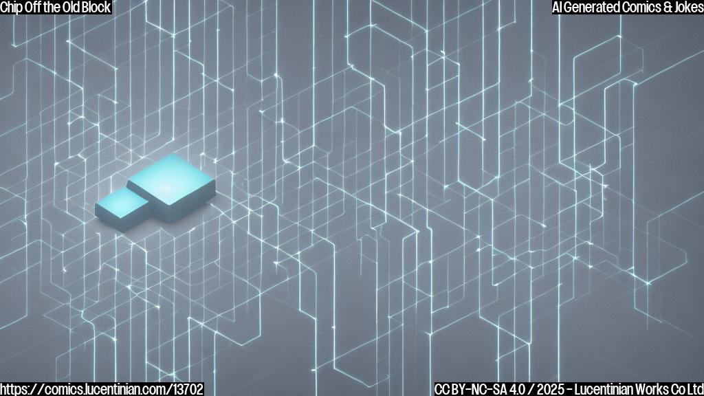 A small, grey rectangle with a series of interconnected circuits and tiny metal pillars, surrounded by a faint grid pattern, on a light blue background.