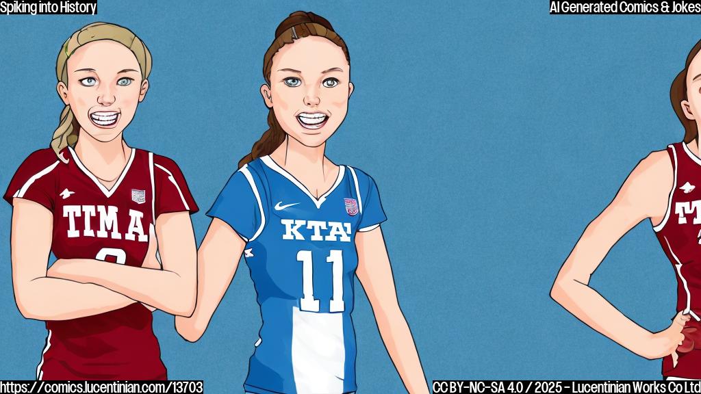 A cartoon of two female volleyball players, one from Texas A&M (wearing red and white) and one from Kentucky (wearing blue and white), standing side by side with shocked expressions on their faces, holding onto each other for support. The background should be a stadium or arena with a subtle net pattern.