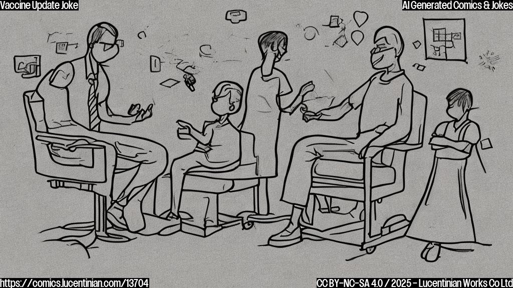 Draw a plain color cartoon style picture of a person in a therapist's chair, with a thought bubble above their head showing a broken vaccine needle. The background is a blurred image of a vaccination center with kids getting vaccinated in the foreground.
