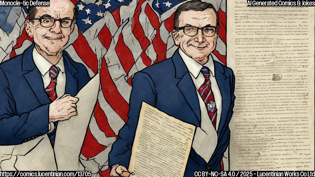 A cartoon-style image of a person in a suit holding a ladder with one leg on top of a large book or document, representing a National Defense Authorization Act, while standing next to a giant American flag. The person's face should have a determined expression, and their outfit should include a pair of glasses, a tie, and a small, white monocle peeking out from behind the glasses.