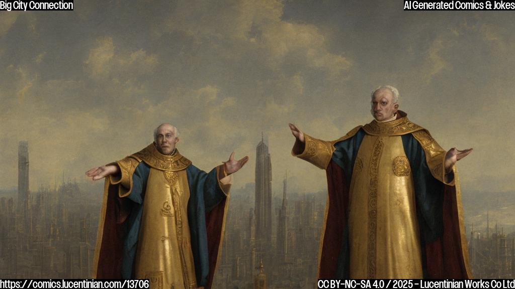 a human figure in a bishop's attire stands in front of a cityscape with 14 numbered blocks visible, looking up at an invisible direction with a small compass in hand.