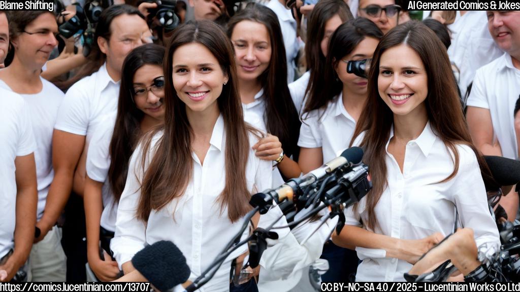 a woman with long brown hair and a bright smile, wearing a white shirt and dark pants, standing next to a camera with a microphone in hand, looking slightly embarrassed. She's surrounded by paparazzi and fans in the background.