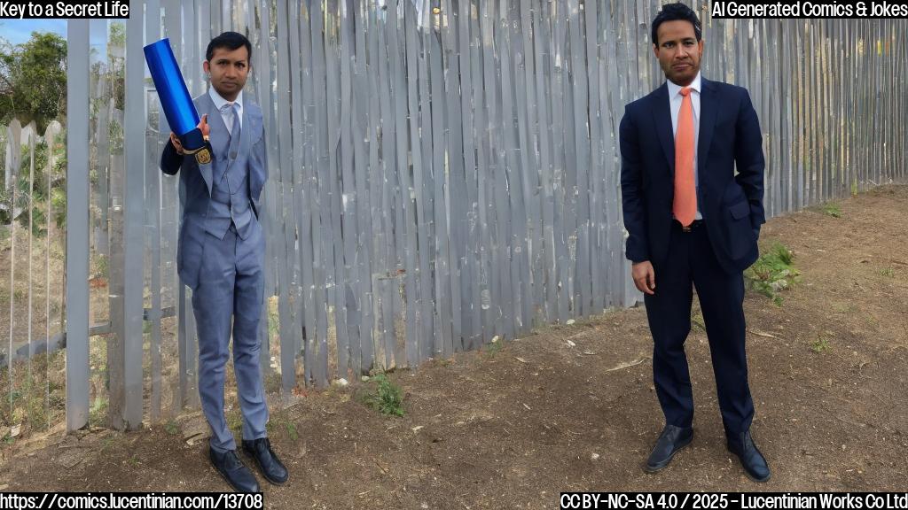 A person holding a large, shiny key in front of a fence with a subtle immigration-themed background, wearing a suit and a sly expression.