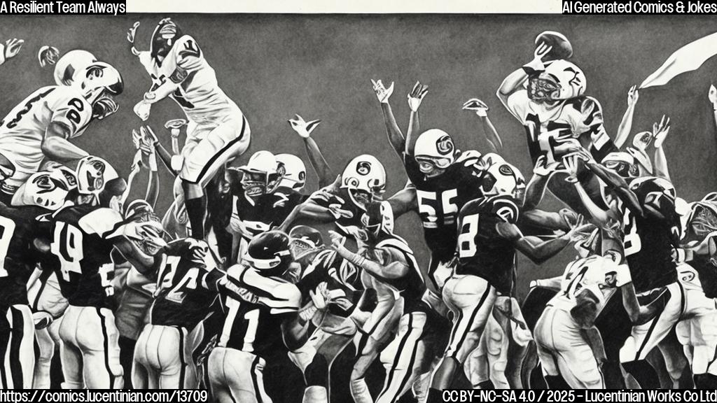 Draw a cartoon of a group of football players, with one player holding up a score sheet showing 16 points down, while another player is shown jumping forward with arms raised in triumph and a determined expression. The background should be a blurred stadium crowd, with the Seahawks' logo prominently displayed.