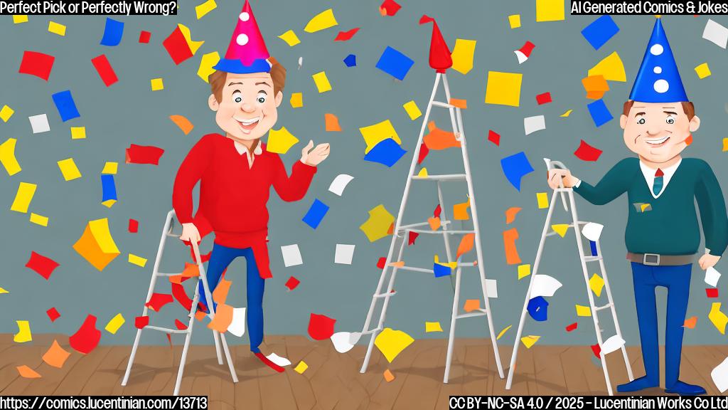 A cartoon of a person standing in front of a table with filled-out brackets, wearing a party hat and holding a ladder, surrounded by football-themed decorations and confetti.