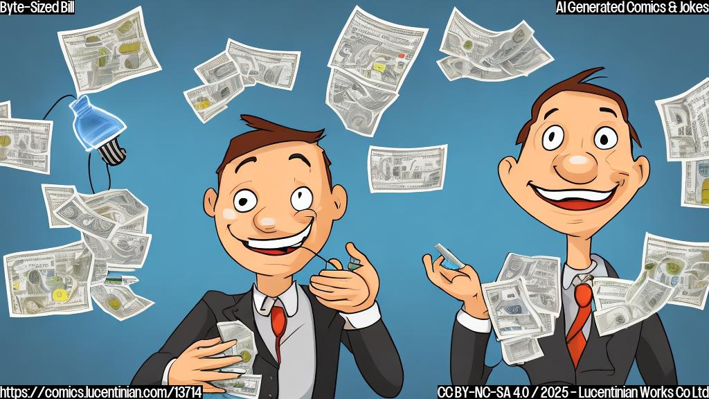 Describe a cartoon-style picture of a smiling server (a computer server) with a shocked expression, surrounded by stacks of bills and electricity meters. The server is holding a lightbulb, symbolizing the "charged" phrase.