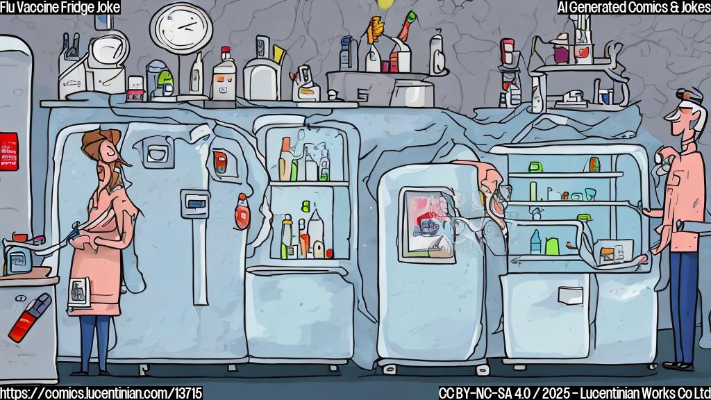 a cartoon style drawing of a refrigerator with a thermometer inside, and a person in a white coat holding a syringe filled with a flu vaccine next to it, surrounded by ice cubes and a chilled atmosphere