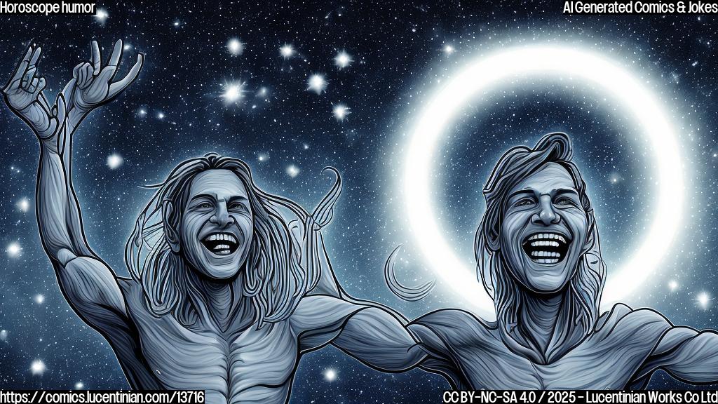 Illustrate a plain color cartoon style picture of a Scorpio person with their arms open wide, surrounded by a halo of light, with a subtle smile on their face and a hint of relief in their expression. The background should be a deep blue or purple color to represent the night sky, with stars and constellations visible through the darkness.