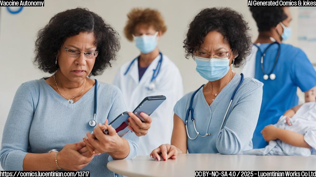 A middle-aged woman in a casual outfit, holding a phone with a doctor's website open, talking to her child who is looking uncertain about getting a vaccine. The background is a blurred image of a school or daycare setting.